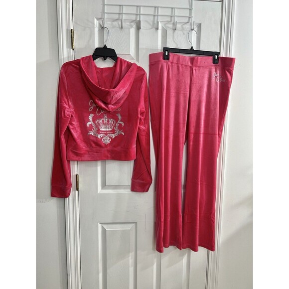 Juicy Couture Velour Bling Tracksuit Set Pink Party Crown Logo Rhinestone XL - Picture 1 of 10